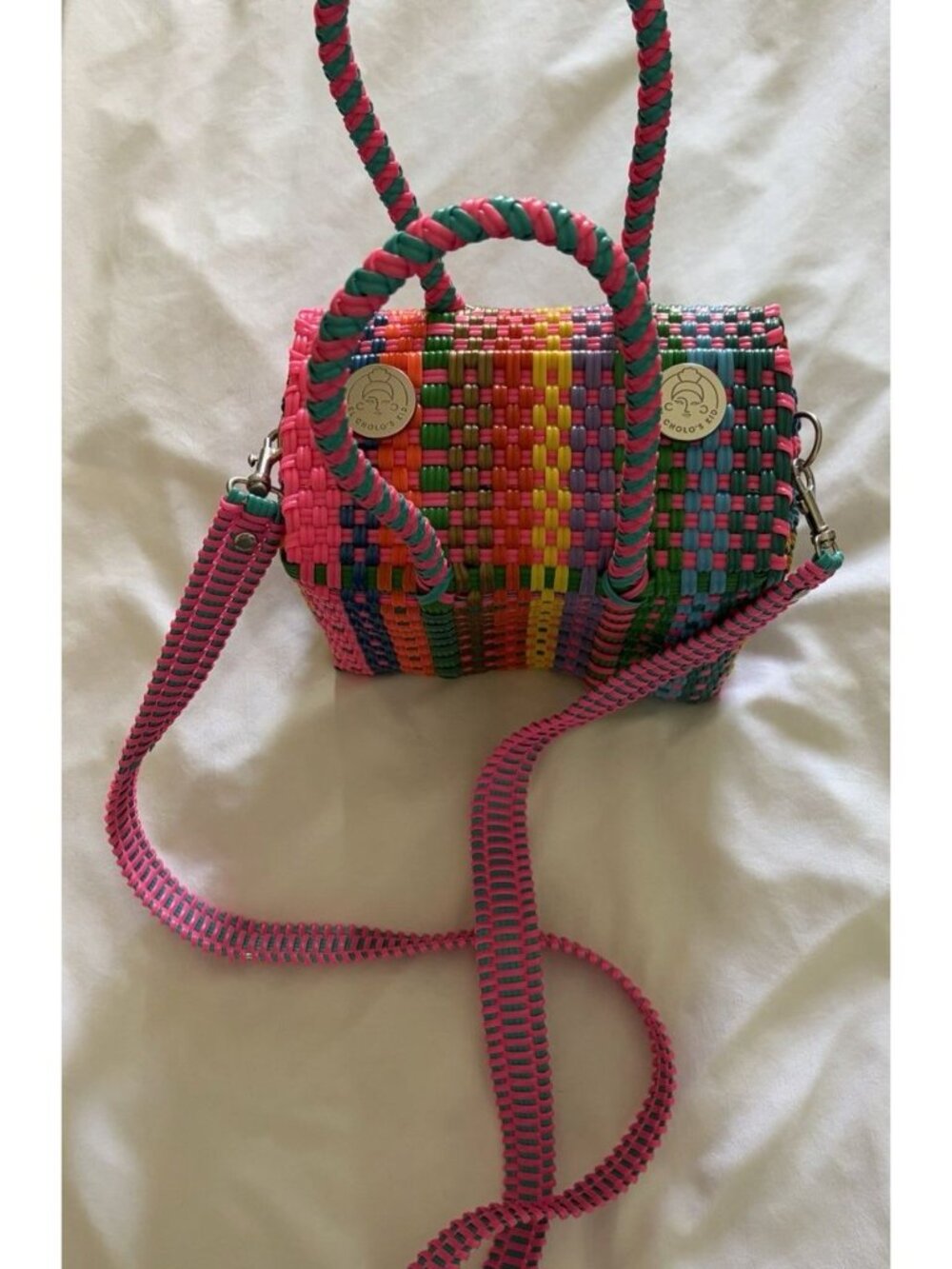 Multicolor Woven Tote Bag - Vibrant Pink Accent (MISSING STRAP) - Picture 2 of 13